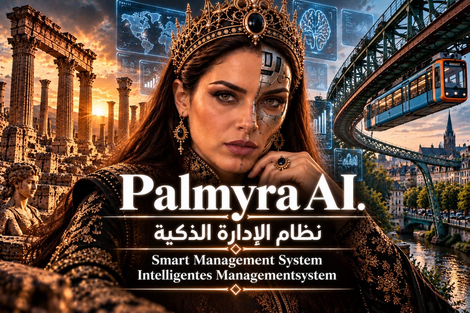 Palmyra AI — نظام الإدارة الذكية: زنوبيا الرقمية بين أعمدة تدمر وقطار فوبرتال المعلّق في ألمانيا